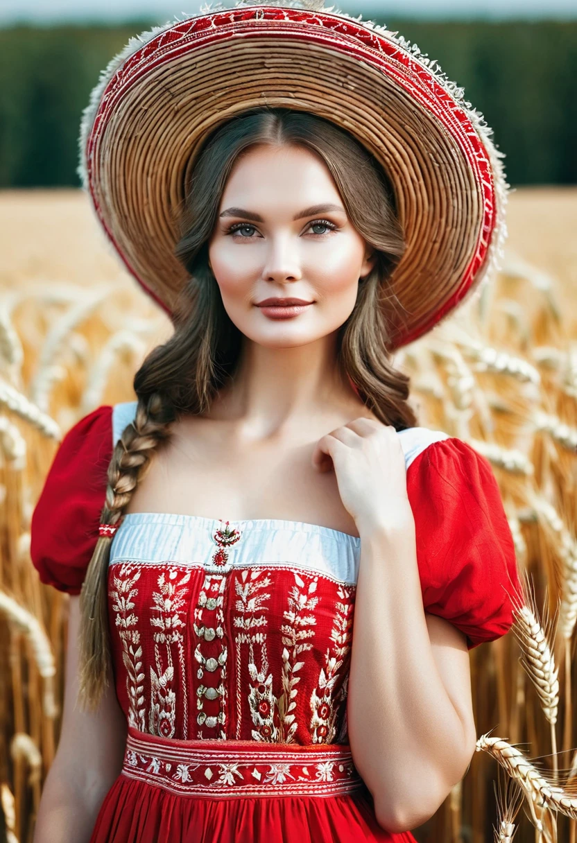 arafed woman in a red and white dress and a hat in a wheat field, traditional russia, russian girl, slavic style, slavic features, traditional beauty, russian style, russian clothes, slavic, beautiful nordic woman, russian costume, beautiful portrait image, russia. photography, russian girlfriend, beautiful maiden, anna nikonova aka newmilky