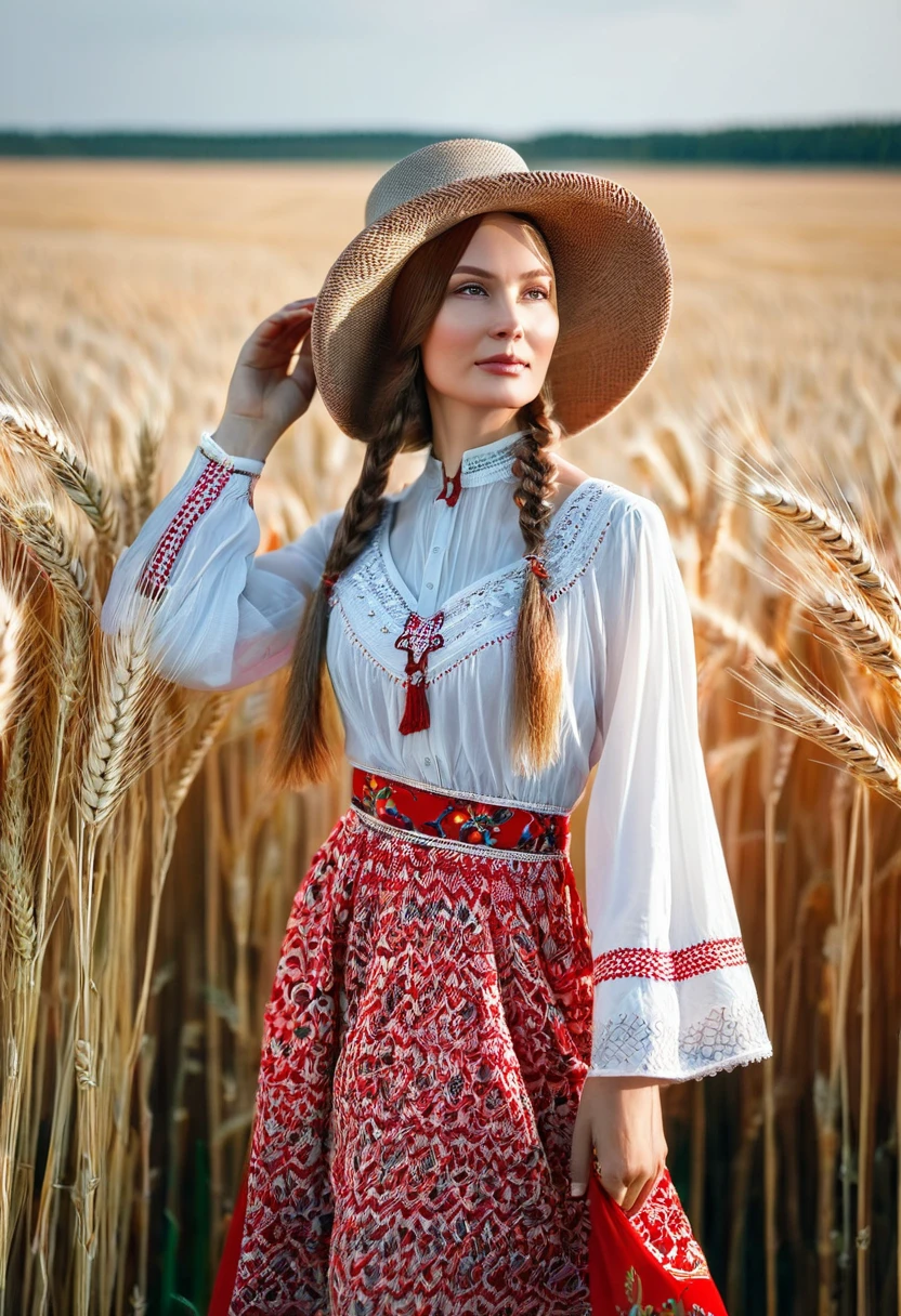 mulher arafada em um vestido vermelho e branco e um chapéu em um campo de trigo, traditional Rússia, Rússian girl, eslavo style, eslavo features, beleza tradicional, Rússian style, Rússian clothes, eslavo, linda mulher nórdica, Rússian costume, bela imagem de retrato, Rússia. fotografia, Rússian girlfriend, linda donzela, Anna Nikonova também conhecida como Newmilky