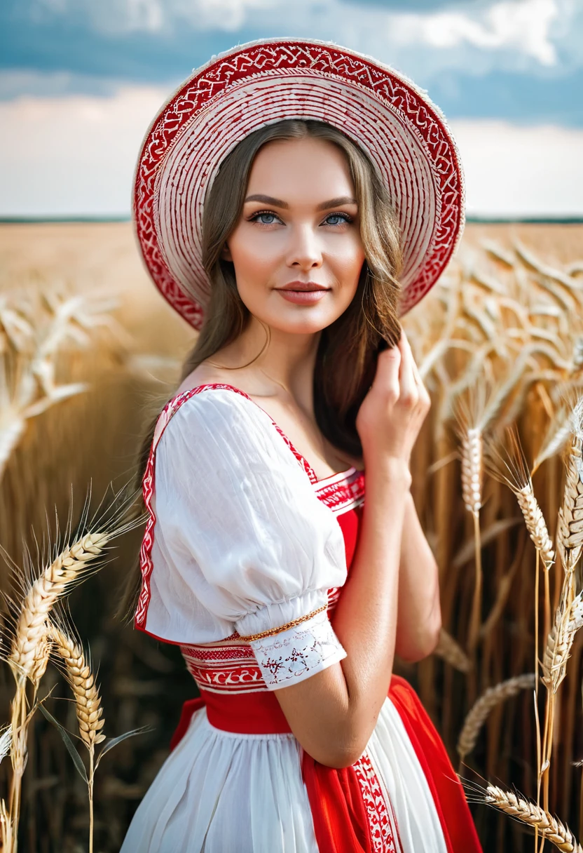 arafed woman in a red and white dress and a hat in a wheat field, traditional russia, russian girl, slavic style, slavic features, traditional beauty, russian style, russian clothes, slavic, beautiful nordic woman, russian costume, beautiful portrait image, russia. photography, russian girlfriend, beautiful maiden, anna nikonova aka newmilky