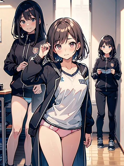 体育倉庫室で青い長袖tracksuit in schoolを脱ぐexpose狂の女, blush, ((expose, shame, , underwear, transformation))