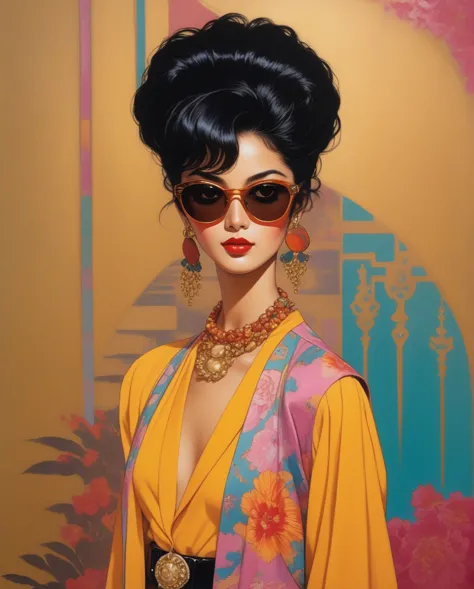 amano yoshitaka, a saudi arabian woman, black hair, brown eyes, light brown tan skin, clad in vibrant 1980's fashion, stands aga...