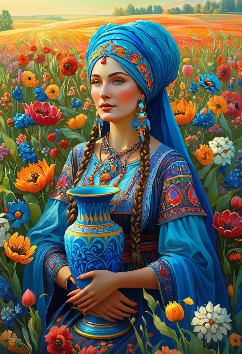 uma pintura de uma mulher com um vaso azul e flores, uma deusa em um campo de flores, conto de fadas folclórico eslavo, coberto de flores, mulher em flores, Perséfone na primavera, Roupas nacionais ucranianas, xamã de flor art déco, Garota ucraniana, turbante de flores vibrantes, traje nacional ucraniano, em um campo com flores, estilo eslavo, a deusa da colheita de outono, obra de arte, melhor qualidade, (papel de parede extremamente detalhado da unidade CG 8k), (melhor qualidade), (melhor ilustração), (Melhor sombra), absurdos, iluminação realista, (Abismo), lindo brilho detalhado, arte de PeterMohrBacher,