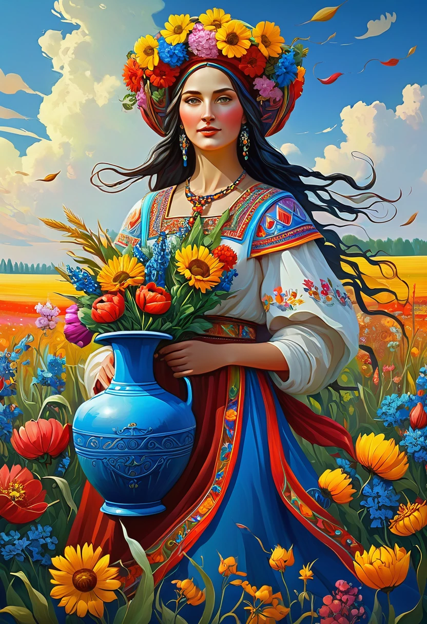 a painting of a woman with a blue vase and flowers, a goddess in a field of flowers, slavic folk fairytale, covered with flowers, woman in flowers, persephone in spring, ukrainian national clothes, art deco flower shaman, ukrainian girl, turban of vibrant flowers, ukrainian national costume, in a field with flowers, slavic style, the goddess of autumn harvest, masterpiece, best quality, (extremely detailed CG unity 8k wallpaper), (best quality), (best illustration), (best shadow), absurdres, realistic lighting, (Abyss), beautiful detailed glow, art by PeterMohrBacher,