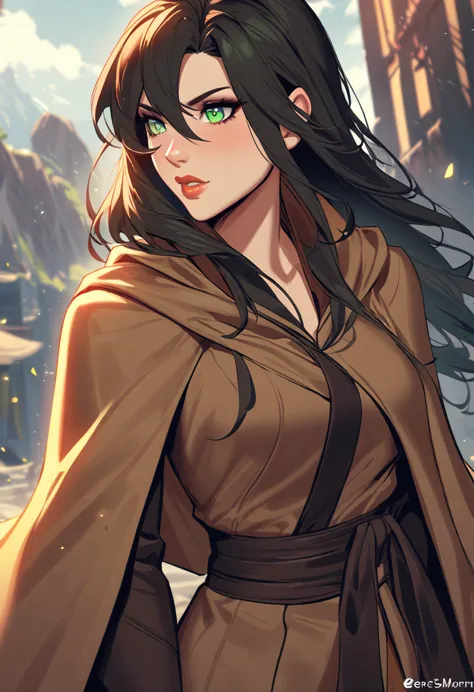 an anime woman with three green eyes, dressed in a ling brown robe and cloak, black strands of hair, destiny 2, eris morn