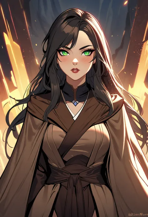 an anime woman with three green eyes, dressed in a ling brown robe and cloak, black strands of hair, destiny 2, eris morn