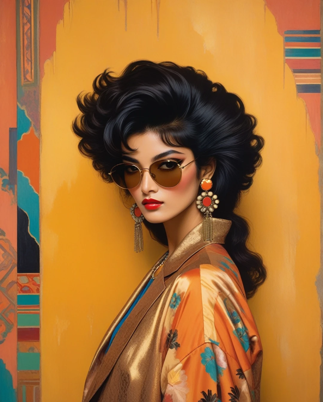 amano yoshitaka, A Saudi Arabian woman, black hair, brown eyes, light brown tan skin, clad in vibrant 1980's fashion, stands against a backdrop dripping with retro aesthetic. Her outfit exudes bold colors and patterns typical of the era, while her accessories, from oversized sunglasses to chunky jewelry, scream vintage glamour. The image, perhaps a photograph, captures her in a pose that exudes confidence and style. Every detail, from the teased hair to the shoulder pads, is meticulously rendered, inviting the viewer to immerse themselves in the nostalgic allure of the bygone decade.