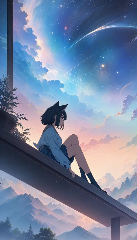 Anime cat-ear girl sitting on a shelf looking at the sky, Anime drawings inspired by Makoto Shinkai, Popular on Pixiv, Space art...