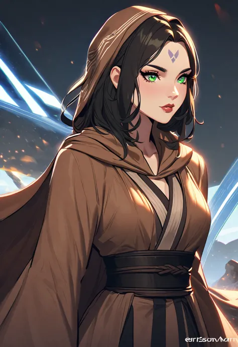 an anime woman with three green eyes, dressed in a ling brown robe and cloak, black strands of hair, destiny 2, eris morn