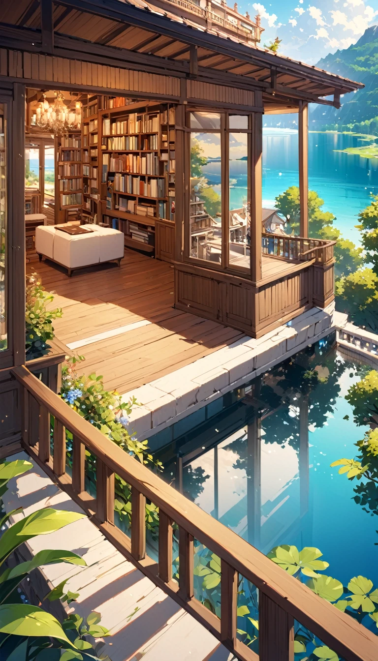 large bookstore with many details, large open terrace with views of a beautiful lake with dream houses, on the terrace a sexy girl relaxes
