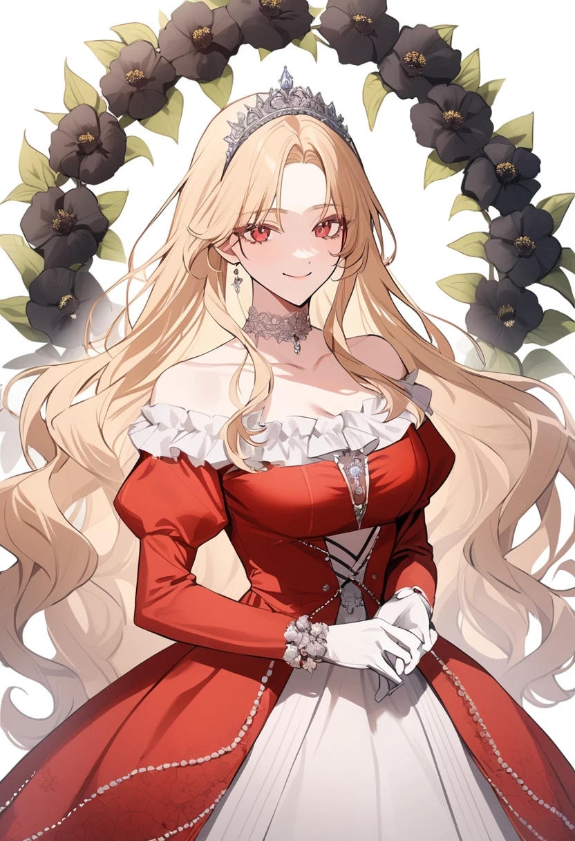 sexy-style, masterpiece, newest, floral background, romance manhwa, 1girl, blonde hair, solo, long hair, flower, dress, tiara, white dress, gloves, long sleeves, choker, red eyes, white gloves, black bow, black flower, wavy hair, bow, jewelry, looking at viewer, white background, collarbone, puffy sleeves, silver accessories, upper body, parted bangs, very long hair, red dress, frills, bangs, closed mouth, smile, cowboy shot, dynamic pose, dynamic angle, dynamic cut