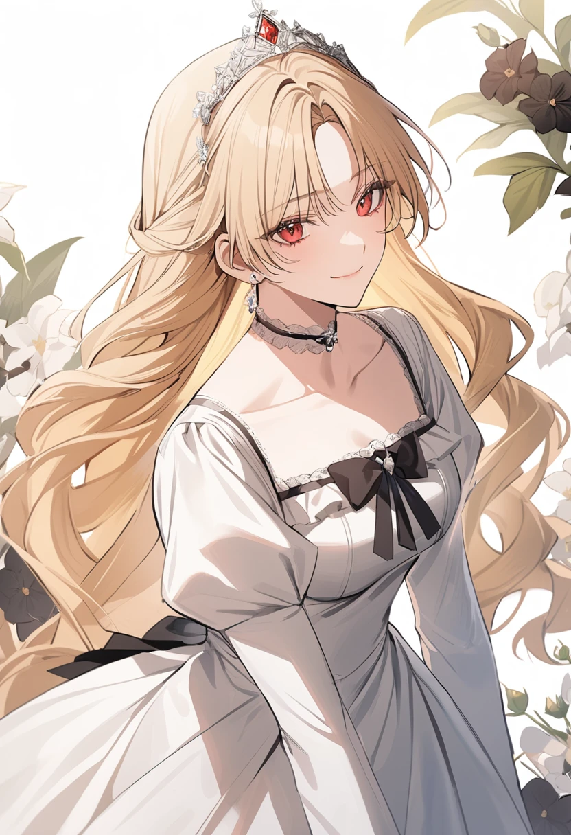 sexy-style, masterpiece, newest, floral background, romance manhwa, 1girl, blonde hair, solo, long hair, flower, dress, tiara, white dress, gloves, long sleeves, choker, red eyes, white gloves, black bow, black flower, wavy hair, bow, jewelry, looking at viewer, white background, collarbone, puffy sleeves, silver accessories, upper body, parted bangs, very long hair, red dress, frills, bangs, closed mouth, smile, cowboy shot, dynamic pose, dynamic angle, dynamic cut