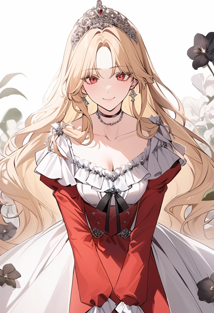 sexy-style, masterpiece, newest, floral background, romance manhwa, 1girl, blonde hair, solo, long hair, flower, dress, tiara, white dress, gloves, long sleeves, choker, red eyes, white gloves, black bow, black flower, wavy hair, bow, jewelry, looking at viewer, white background, collarbone, puffy sleeves, silver accessories, upper body, parted bangs, very long hair, red dress, frills, bangs, closed mouth, smile, cowboy shot, dynamic pose, dynamic angle, dynamic cut