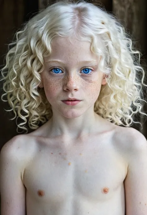 An eight-year-old albino girl, white hair, short and curly, with freckles and blue eyes without clothes