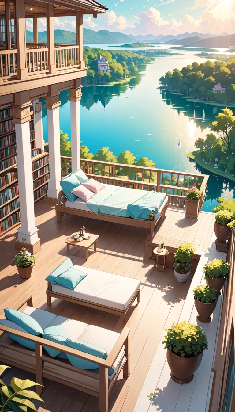 large bookstore with many details, large open terrace with views of a beautiful lake with dream houses, on the terrace a sexy girl relaxes
