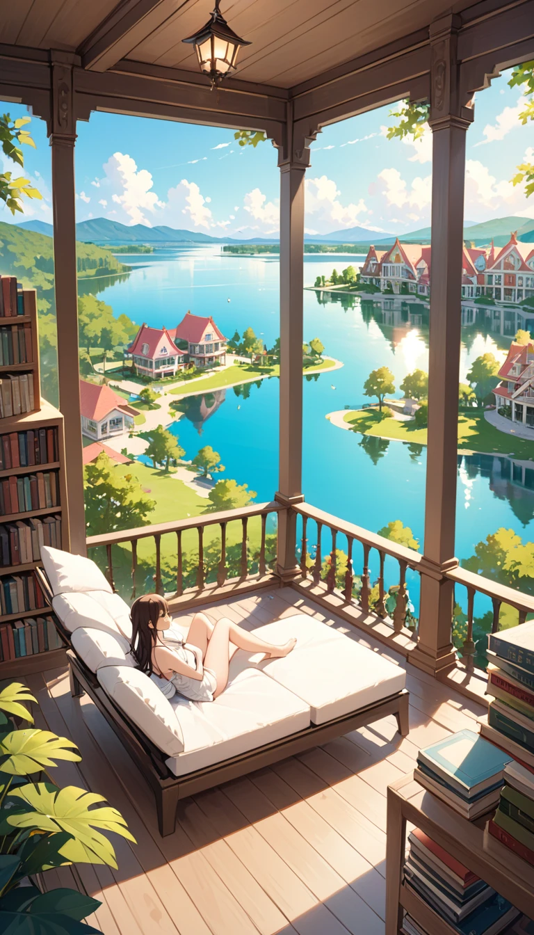 large bookstore with many details, large open terrace with views of a beautiful lake with dream houses, on the terrace a sexy girl relaxes
