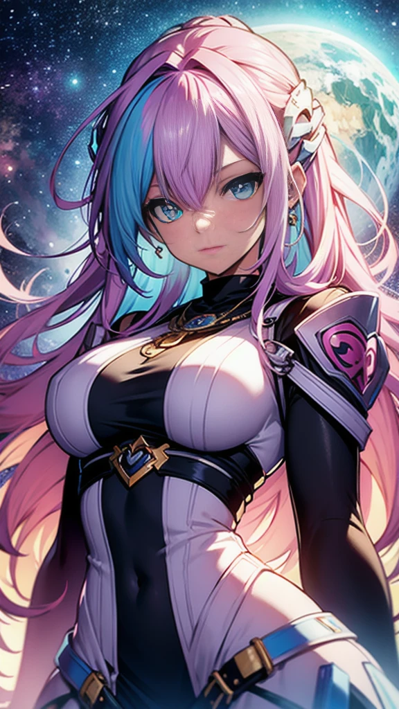 Close-up of a woman with colorful hair and necklace, Anime girl with space-like hair, Soft vitality of Ross Dres, Gubes-inspired artwork, Fantasy art style, colorful], Vivid fantasy style, Ross draws vibrant cartoons, universe and colorful, Gwaiz, colorful digital fantasy art, Great art style, Beautiful anime style, White skin, hulk clothes