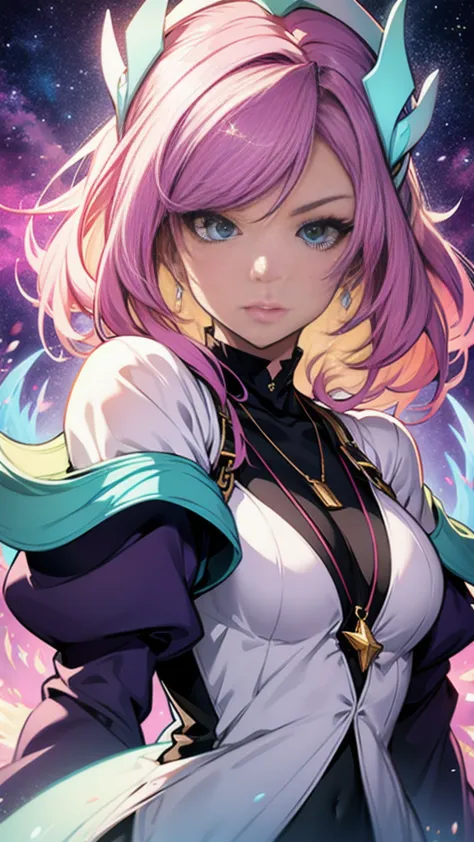 close-up of a woman with colorful hair and necklace, anime girl with space-like hair, soft vitality of ross dres, gubes-inspired...