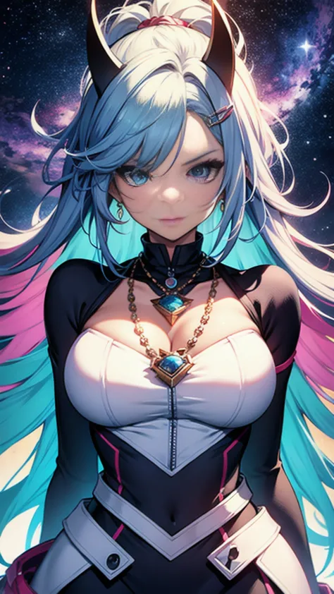 close-up of a woman with colorful hair and necklace, anime girl with space-like hair, soft vitality of ross dres, gubes-inspired...