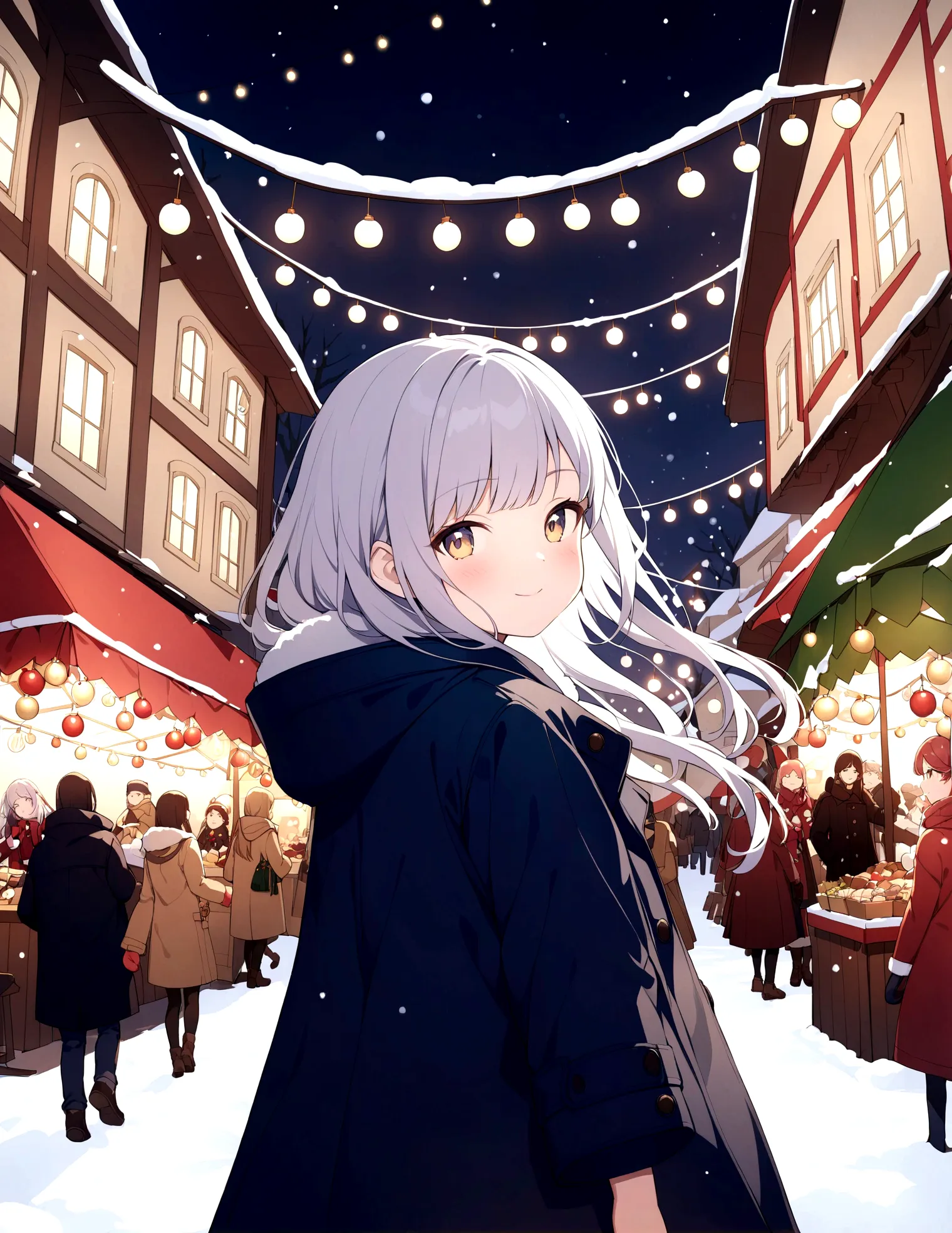 European style town, winter night, Christmas market, warm light, girl in coat, soft smile, upturned cheeks, soft moving hair, lo...