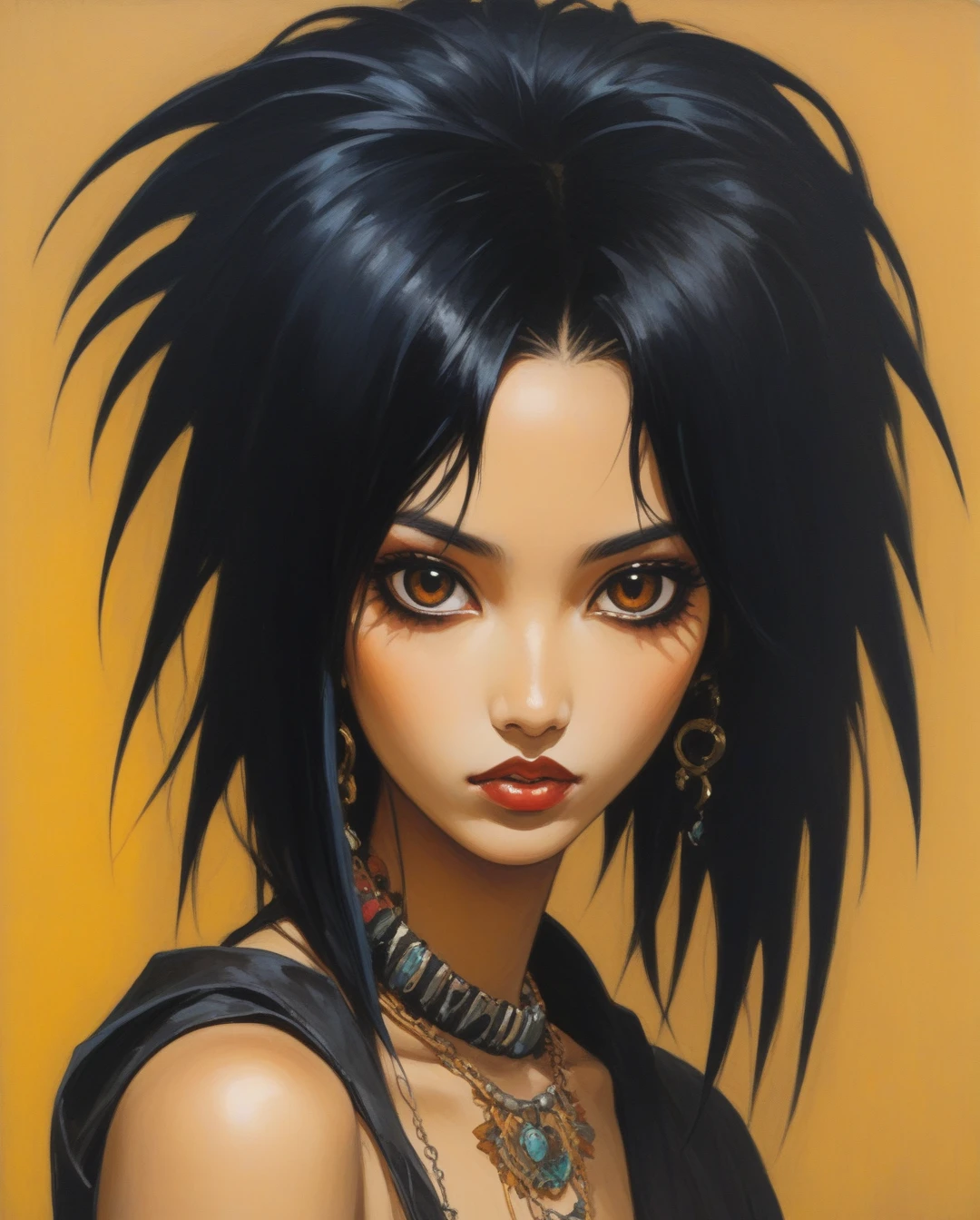 amano yoshitaka, A rebellious Saudi Arabian woman, her black hair styled into a punk rock inspired look, complements her brown eyes and light brown tan skin. The image, possibly a vibrant painting or a striking photograph, captures her bold and unique style with precision. Every detail, from her edgy clothing to her unconventional appearance, exudes an air of confidence and individuality. The high quality of the image allows viewers to truly appreciate the essence of her unconventional beauty and self-expression.