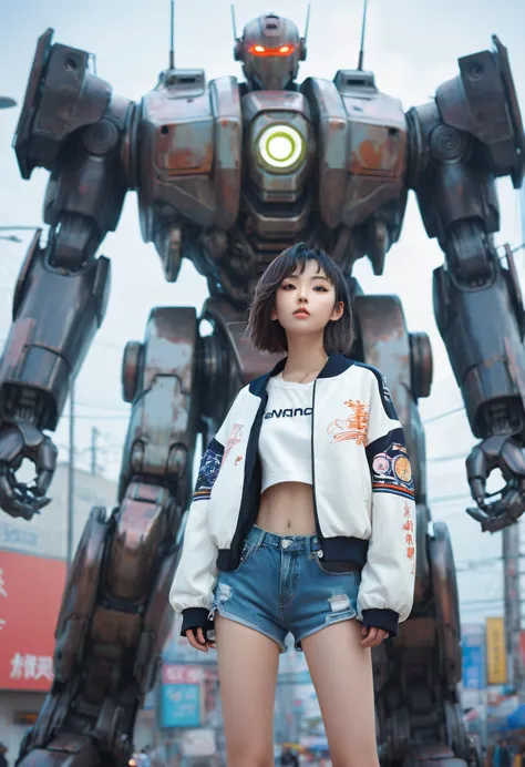 anime girl in short shorts and jacket standing next to giant robot, artwork in the style of guweiz, cyberpunk anime girl mech, t...