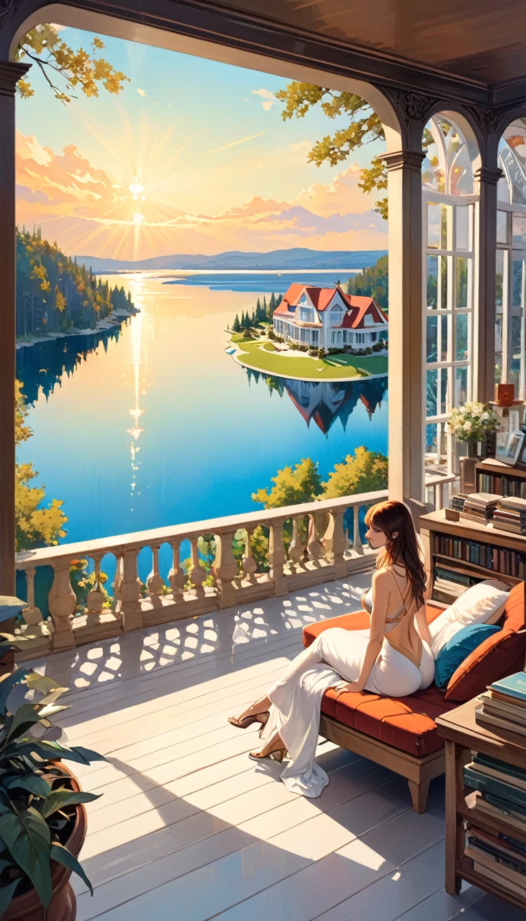 large bookstore with many details, large open terrace with views of a beautiful lake with dream houses, on the terrace a sexy girl relaxes (art inspired by Bill Sienkiewicz). oil painting)
