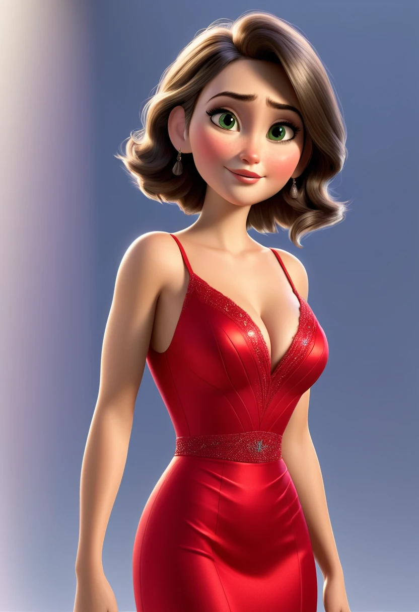 pixar , Attractive woman, mature woman ultra high detail , erotic, looking towards the camerapixar, mature woman, White, hazel eyes, wearing a modern shiny red dress, big breasts, cleavage, standing with her boyfriend 