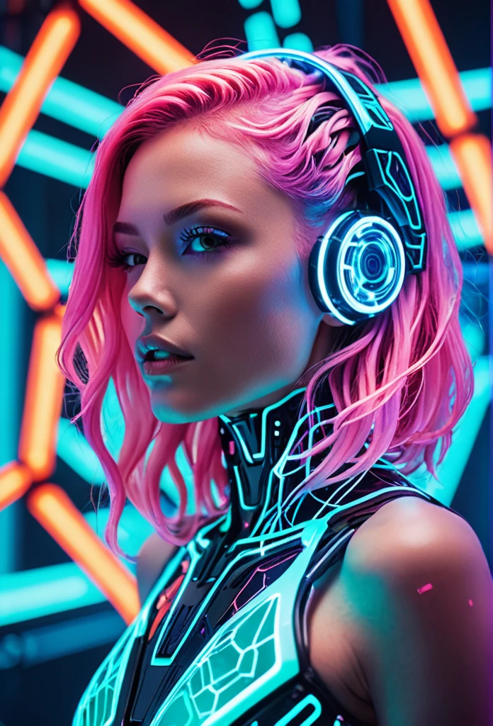 cybernetic style Ultimate fusion of technology and allure, Cosmic Cyber Warrior. Embodying the creative genius of Jovana Rikalo, Brandon Woelfel, and Ross Tran, spectacular cosmic landscapes fraught with otherworldly conflict. Shimmering cables course beneath her translucent epidermis, connecting to powerful vertebrae that support a resplendent skull adorned with cascading neon undercut locks. Mysterious constellations twinkle ominously overhead, casting eerie shadows on the ground below. This masterpiece encapsulates the quintessential essence of science fiction, presenting a highly detailed exploration of extraterrestrial themes guaranteed to captivate audiences worldwide. . futuristic, technological, cybernetic enhancements, robotics, artificial intelligence themes