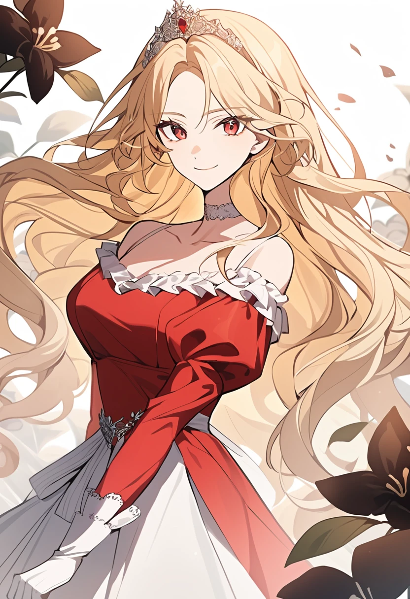 ((fantasy-style)), masterpiece, newest, floral background, romance manhwa, 1girl, blonde hair, solo, long hair, flower, dress, tiara, white dress, gloves, long sleeves, choker, red eyes, white gloves, black bow, black flower, wavy hair, bow, jewelry, looking at viewer, white background, collarbone, puffy sleeves, silver accessories, upper body, parted bangs, very long hair, red dress, frills, bangs, closed mouth, smile, cowboy shot, dynamic pose, dynamic angle, dynamic cut