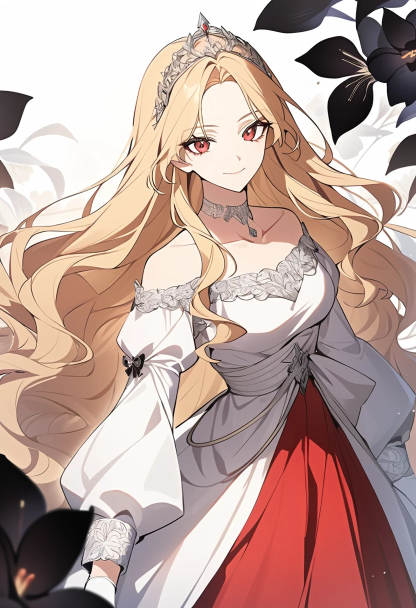 ((fantasy-style)), masterpiece, newest, floral background, romance manhwa, 1girl, blonde hair, solo, long hair, flower, dress, tiara, white dress, gloves, long sleeves, choker, red eyes, white gloves, black bow, black flower, wavy hair, bow, jewelry, looking at viewer, white background, collarbone, puffy sleeves, silver accessories, upper body, parted bangs, very long hair, red dress, frills, bangs, closed mouth, smile, cowboy shot, dynamic pose, dynamic angle, dynamic cut