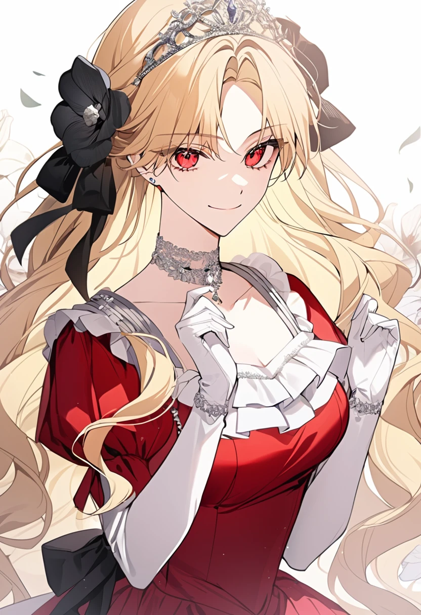 ((shoujo-style)), masterpiece, newest, floral background, romance manhwa, 1girl, blonde hair, solo, long hair, flower, dress, tiara, white dress, gloves, long sleeves, choker, red eyes, white gloves, black bow, black flower, wavy hair, bow, jewelry, looking at viewer, white background, collarbone, puffy sleeves, silver accessories, upper body, parted bangs, very long hair, red dress, frills, bangs, closed mouth, smile, cowboy shot, dynamic pose, dynamic angle, dynamic cut