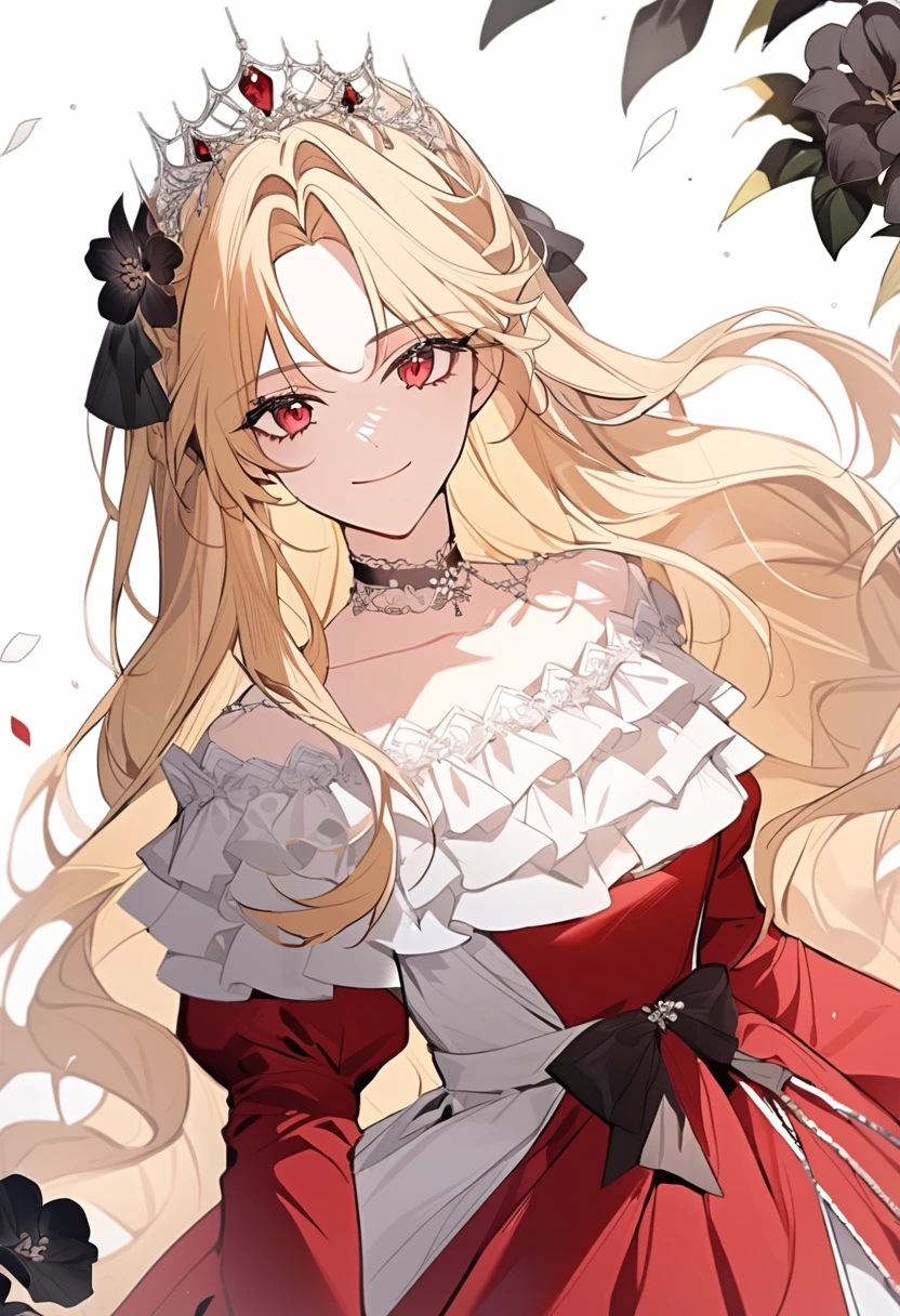 ((shoujo-style)), masterpiece, newest, floral background, romance manhwa, 1girl, blonde hair, solo, long hair, flower, dress, tiara, white dress, gloves, long sleeves, choker, red eyes, white gloves, black bow, black flower, wavy hair, bow, jewelry, looking at viewer, white background, collarbone, puffy sleeves, silver accessories, upper body, parted bangs, very long hair, red dress, frills, bangs, closed mouth, smile, cowboy shot, dynamic pose, dynamic angle, dynamic cut