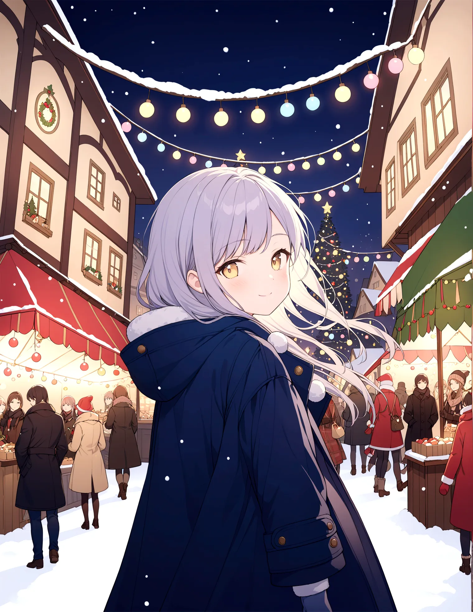 European style town, winter night, Christmas market, warm light, girl in coat, soft smile, upturned cheeks, soft moving hair, lo...