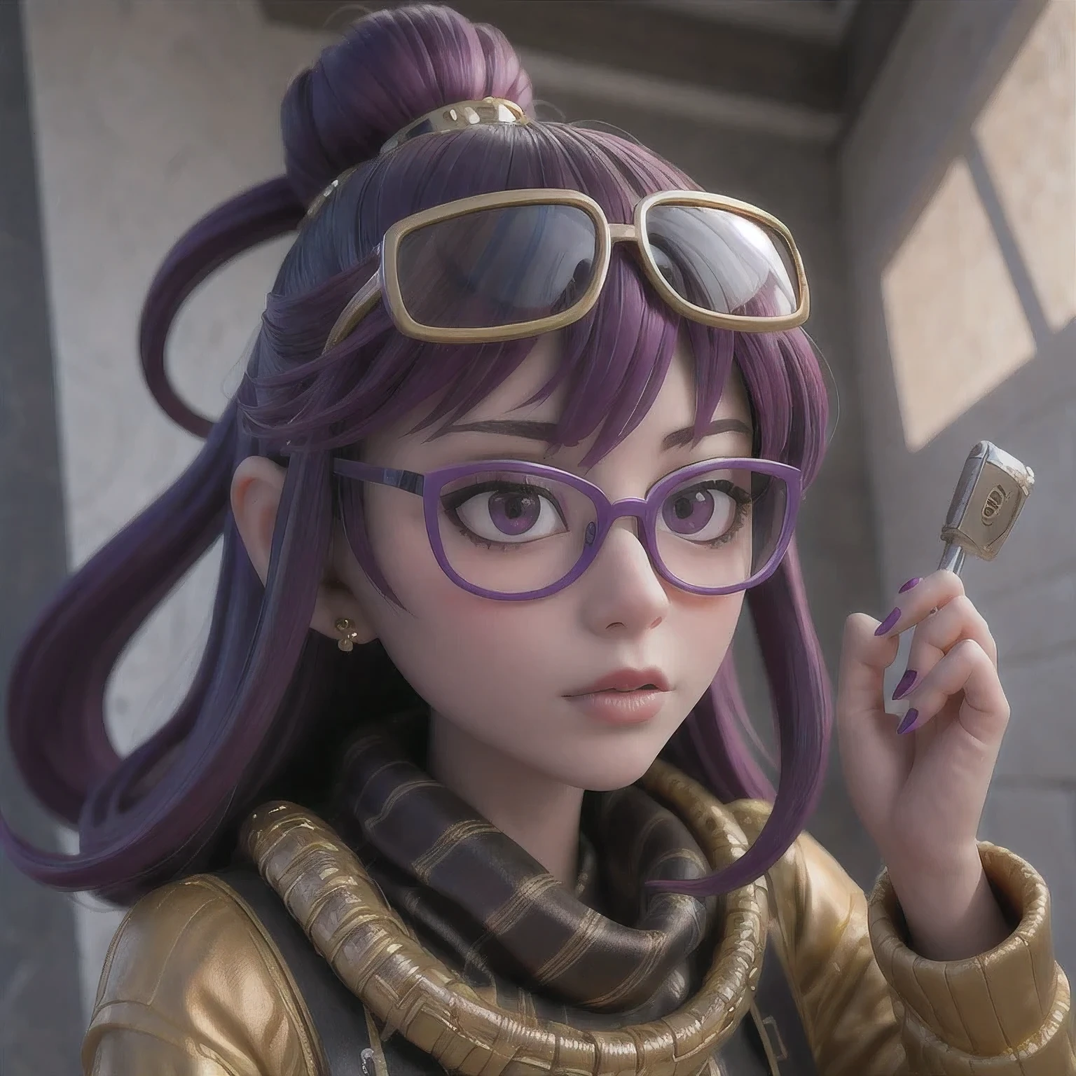 Purple Powder Queen,  wear glasses