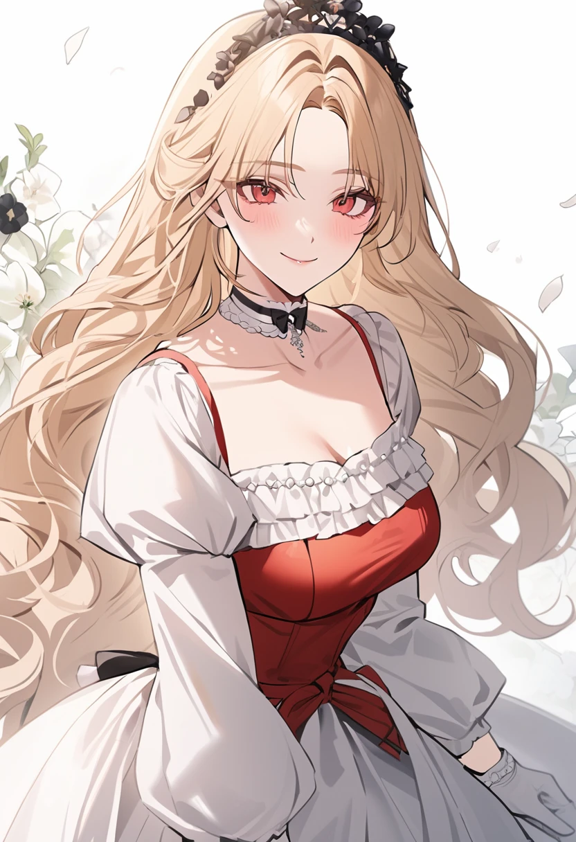 ((sexy-style)), masterpiece, newest, floral background, romance manhwa, 1girl, blonde hair, solo, long hair, flower, dress, tiara, white dress, gloves, long sleeves, choker, red eyes, white gloves, black bow, black flower, wavy hair, bow, jewelry, looking at viewer, white background, collarbone, puffy sleeves, silver accessories, upper body, parted bangs, very long hair, red dress, frills, bangs, closed mouth, smile, cowboy shot, dynamic pose, dynamic angle, dynamic cut