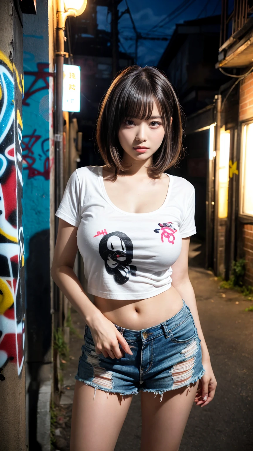 masterpiece, best quality, illustration, Super detailed, fine details, High resolution, 8K,wall paper, perfect dynamic composition,(Details High quality, realistic depiction of eyes:1.3),  (Japanese teenage girl standing in a dirty back alley at night, graffitied wall:1.1), (wearing a tattered and dirty t-shirt.:1.1), Wearing baggy pants, dirty body, short bob hair, black hair color, Big Natural Color Lip,  seductive face, provocative look, crying a little、Harajuku style、(graffiti), night time, 20 year old girl、cute type、lolita, Gravure Idol, full body photo、focus on crotch, (huge breasts)