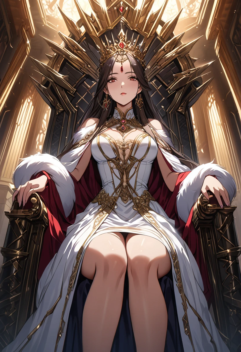 A magnificent Queen sitting on the throne, European, detailed face, intricate dress, ornate throne, luxurious interior, dramatic lighting, cinematic angle, photorealistic, 8k, high resolution, hyper detailed, masterpiece,refiner: woman face