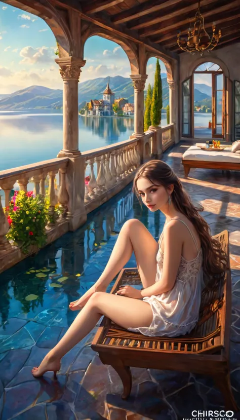 a beautiful girl relaxing on a large open terrace with views of a stunning lake, dream houses in the background, (masterpiece, b...