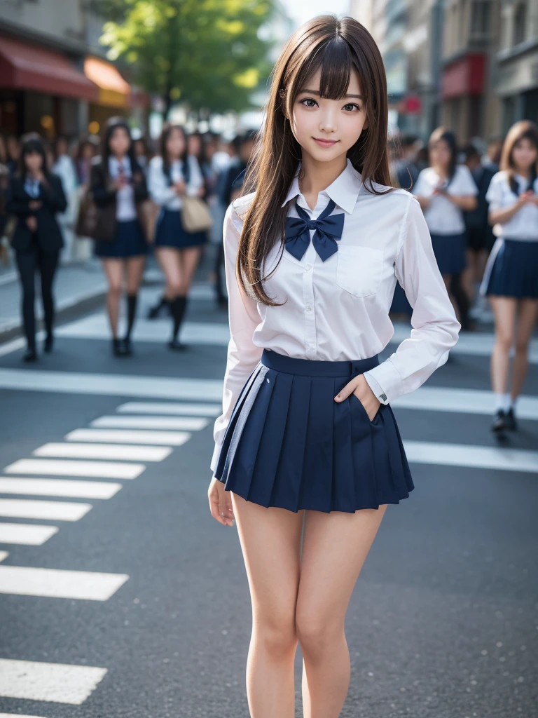 (8K, RAW Photos, Highest quality, masterpiece:1.2), (Realistic, photo-Realistic:1.4), (extremely detailed 8K wallpaper), ((Full Body Shot)), (((1 girl))), Sharp focus, Depth of written boundary, Cinematic lighting, Soft Light, (緻密な美しさのeye, eye_Chan, Very beautiful 17 year old girl, innocent big eyes, Realistic, photo Realistic, Highly detailed cute girl, (Thin thighs), (Model Body Type), (Brown Hair), (Long Bob Hair), (Asymmetrical bangs), ((A happy smile)), Glowing Skin, Ultra-dense skin ,High resolution, High Detail, Detailed hairstyle, Detailed facial beauty, hyper Realistic, Perfect limbs, Perfect Anatomy, Perfect female body, (school uniform:1.3),(Miniskirt Navy Miniskirt), Watching the audience, (Crowded city street:1.3)