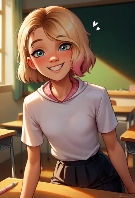 (cute innocent white 12 year old gwen), ((small round breasts)), slim body, posing on a classroom, early in the morning, smiling...