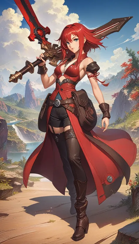 Red hair，Anime character holding sword in hand, guilty gear art direction, Guilty Gear Hard Splash Art, Detailed digital anime a...