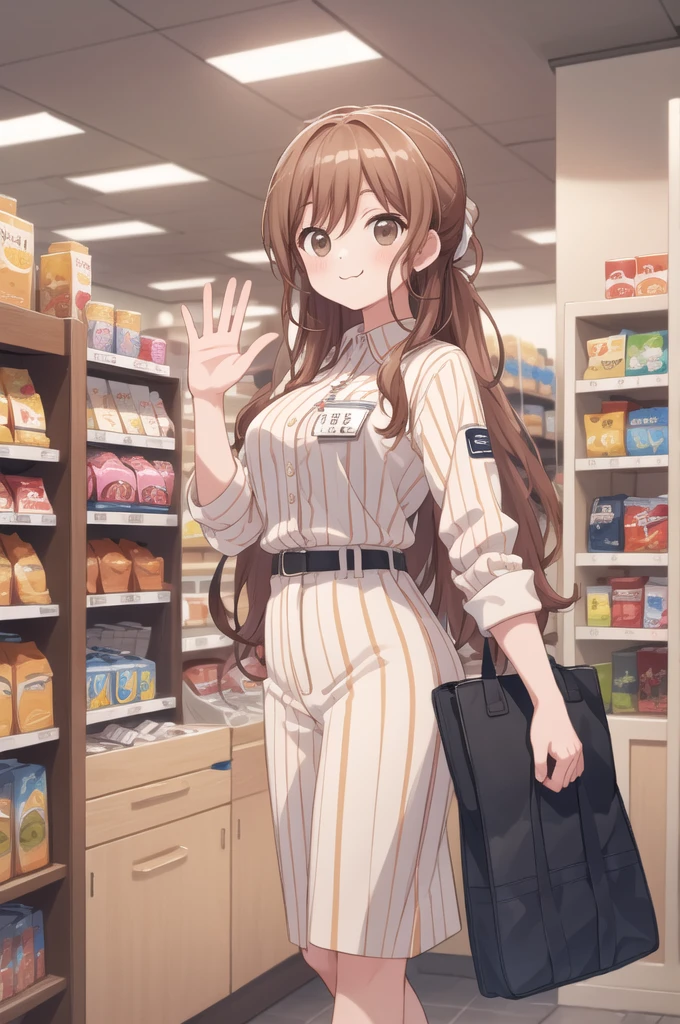 masterpiece, best quality, ultra-detailed, illustration,
konbini, scenery, shop, indoors, LAWSONU, employee uniform, uniform, shop, convenience store, uniform, realistic, employee uniform, striped shirt, smile, striped, food, 1boy, indoors, shirt, id card, vertical stripes, 1girl, holding, long hair black, name tag, vertical-striped shirt, (:3:1)
medium breasts, brown eyes, brown eyes, waving
 [ponytail:0.5]