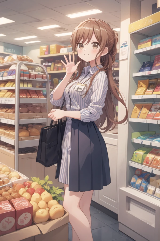 masterpiece, best quality, ultra-detailed, illustration,
konbini, scenery, shop, indoors, LAWSONU, employee uniform, uniform, shop, convenience store, uniform, realistic, employee uniform, striped shirt, smile, striped, food, 1boy, indoors, shirt, id card, vertical stripes, 1girl, holding, long hair black, name tag, vertical-striped shirt, (:3:1)
medium breasts, brown eyes, brown eyes, waving
 [ponytail:0.5]