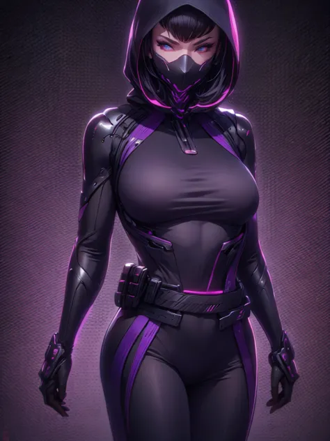 Close-up of a woman in all-black clothing, Mouth mask, cybernetic suit, Katana weapon 1.7 meters long, perfect body, perfect ana...