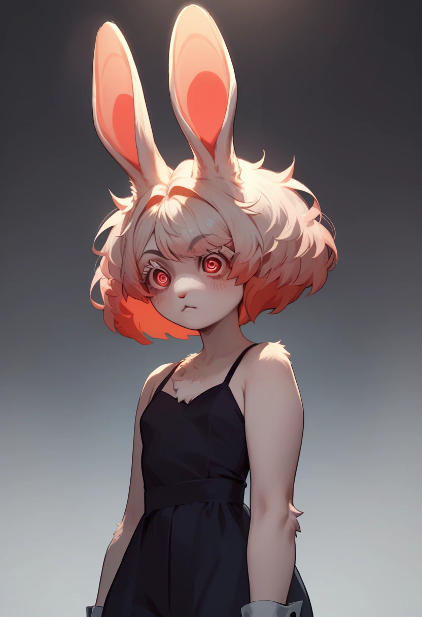 empty background, Imabunbun, furry, rabbit girl, rabbit ears, two-tone hair, white fur, red eyes, spiral eyes, animal nose, short hair, standing