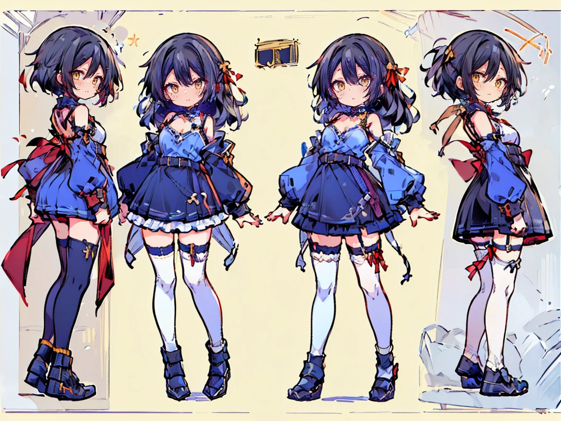 (((three-sided view, front view, side view, back view, multiple views, multiple poses and expressions, many parts)), concept art, character concept art, character sheet, Full body, illustration, (simple background, gray background), 1 character, 1girl, fantasy art:1.1), (hui xiyi:0.7), rekkyo sensen, rekkyou sensen, girls with((black hair, bangs, (one side up, long wavy hair, ribbon:1.55), perfect hands, perfect fingers, (exposed breasts, tits cleavage, breasts close up:1.2), dress((suspenders, dress, belt, nun:1.15), (blue clothes, frills shirt, white knit sweater, long sleeves, frills dress, frills skirt, wind blowing dress, long sleeves, (white legwear:1.55), thighhighs, single thighhighs, single legwear, black footwear, strap shoes:1.42))