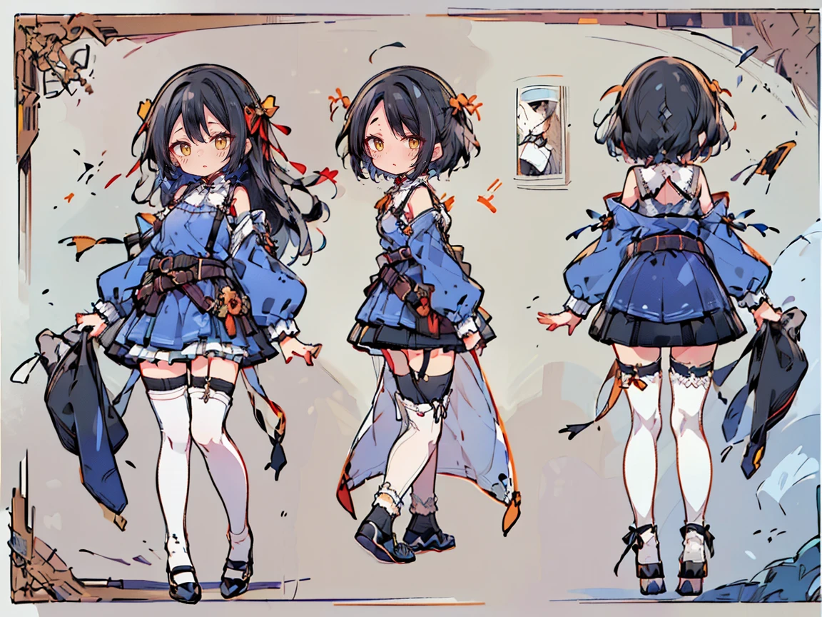 (((three-sided view, front view, side view, back view, multiple views, multiple poses and expressions, many parts)), concept art, character concept art, character sheet, Full body, illustration, (simple background, gray background), 1 character, 1girl, fantasy art:1.1), (hui xiyi:0.7), rekkyo sensen, rekkyou sensen, girls with((black hair, bangs, (one side up, long wavy hair, ribbon:1.55), perfect hands, perfect fingers, (exposed breasts, tits cleavage, breasts close up:1.2), dress((suspenders, dress, belt, nun:1.15), (blue clothes, frills shirt, white knit sweater, long sleeves, frills dress, frills skirt, wind blowing dress, long sleeves, (white legwear:1.55), thighhighs, single thighhighs, single legwear, black footwear, strap shoes:1.42))