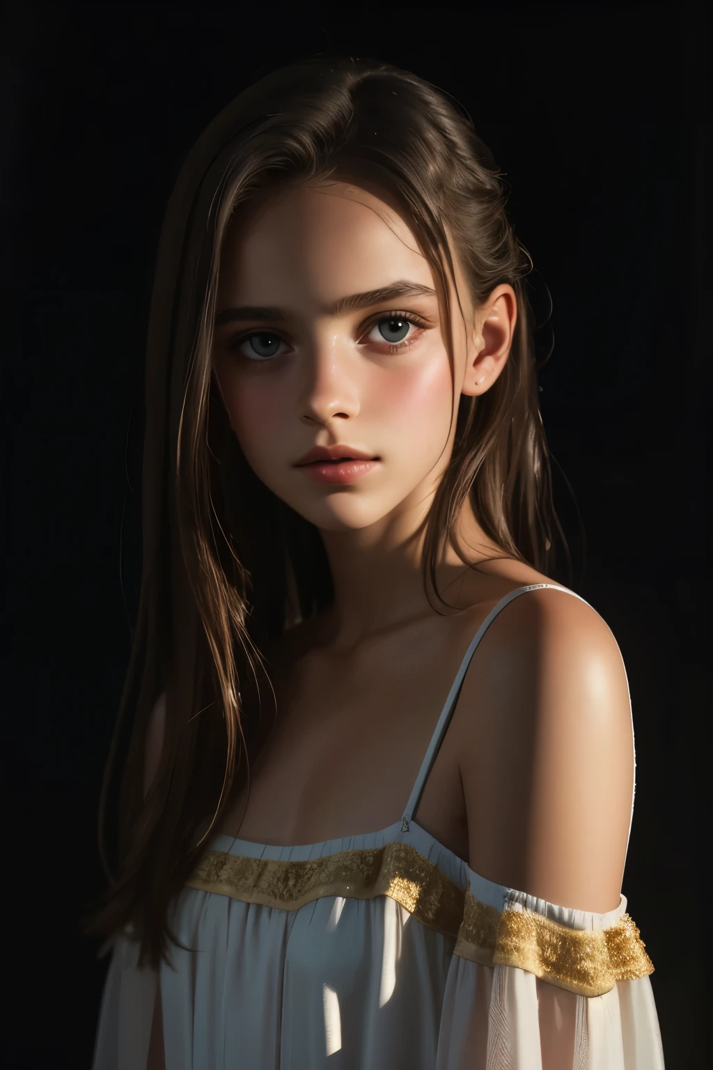 12 years old eleonora girl ,full body, professional, photoshoot Best quality, masterpiece, ultra high res, (photorealistic:1.4), raw photo, 1girl, offshoulder, in the dark, deep shadow, low key, cold light, detailed skin, casual dress