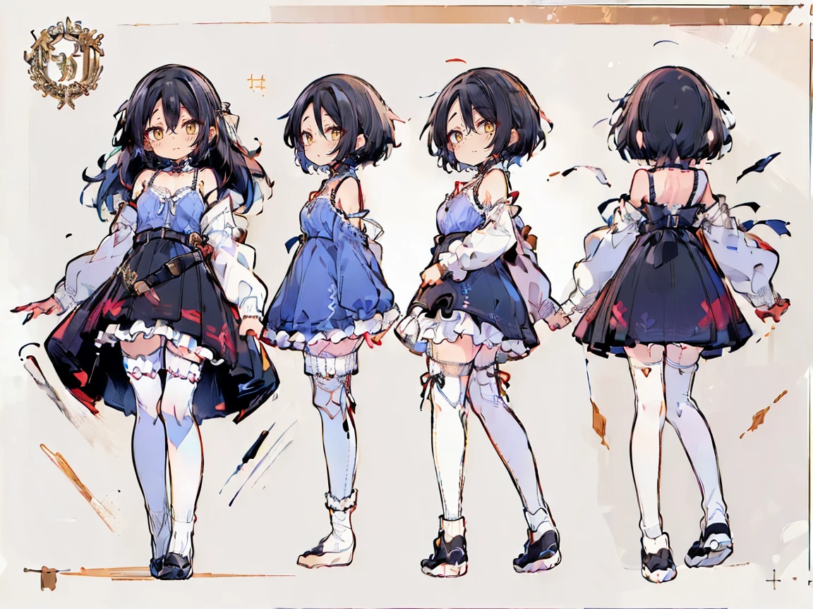 (((three-sided view, front view, side view, back view, multiple views, multiple poses and expressions, many parts)), concept art, character concept art, character sheet, Full body, illustration, (simple background, gray background), 1 character, 1girl, fantasy art:1.1), (hui xiyi:0.7), rekkyo sensen, rekkyou sensen, girls with((black hair, bangs, (one side up, long wavy hair, ribbon:1.55), perfect hands, perfect fingers, (exposed breasts, tits cleavage, breasts close up:1.2), dress((suspenders, dress, belt, nun:1.15), (blue clothes, frills shirt, white knit sweater, long sleeves, frills dress, frills skirt, wind blowing dress, long sleeves, (white legwear:1.55), thighhighs, single thighhighs, single legwear, black footwear, strap shoes:1.42))