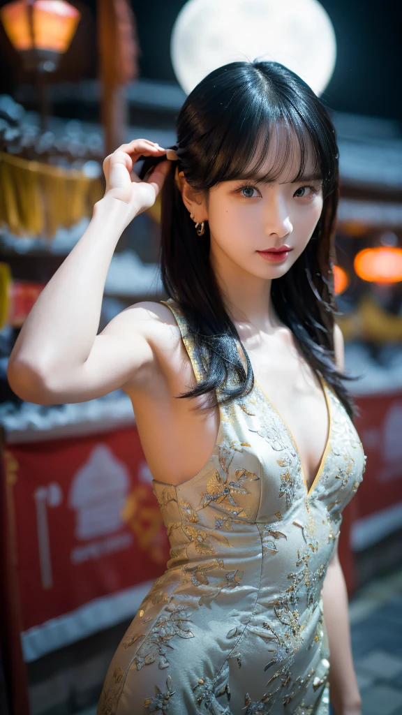 china dress, SMALL BREAST, sexy pose, model pose, earring, AUTUMN park, colorful lamp stall, shanghai street night, moonlight, windy, hair flying, night, extremely detailed eyes, extremely detailed face, best quality, extremely detailed, one person, one girl, ultra-detailed, (realistic, photo-realistic:1.3)